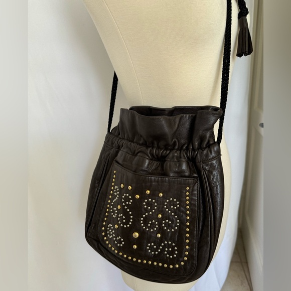 Yves Saint Laurent Vintage Brown Leather Studded Fringe Black Tie Handbag - Picture 5 of 15